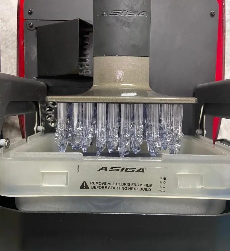 Modelos dentales recién impresos en la plataforma de la impresora 3D